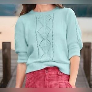 $98 SUNDANCE Sweet Mallory Short Sleeve Sweater Blouse M Embroidered Pointelle